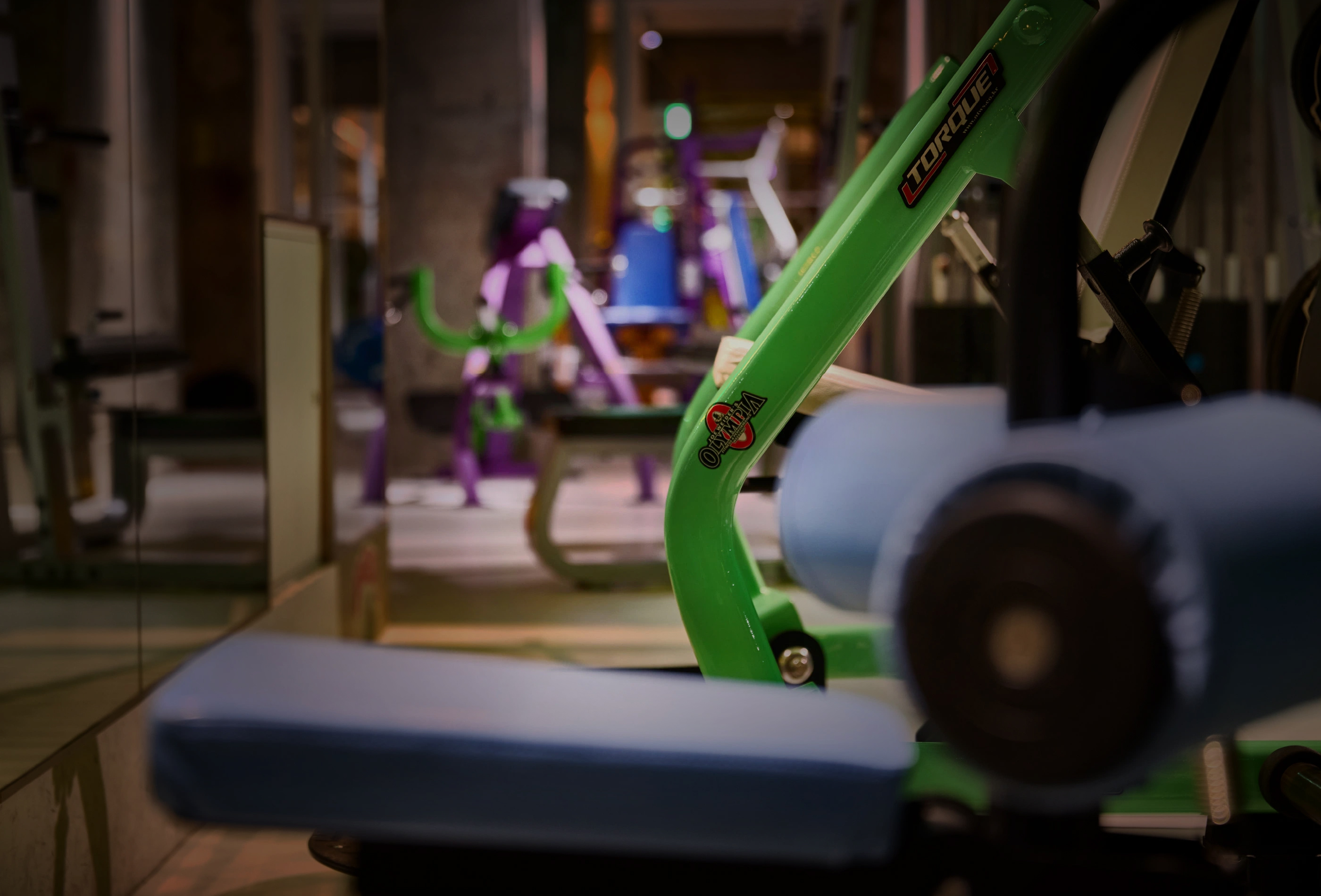 カラフルなトレーニング器具が並ぶジム内部のトレーニングエリア