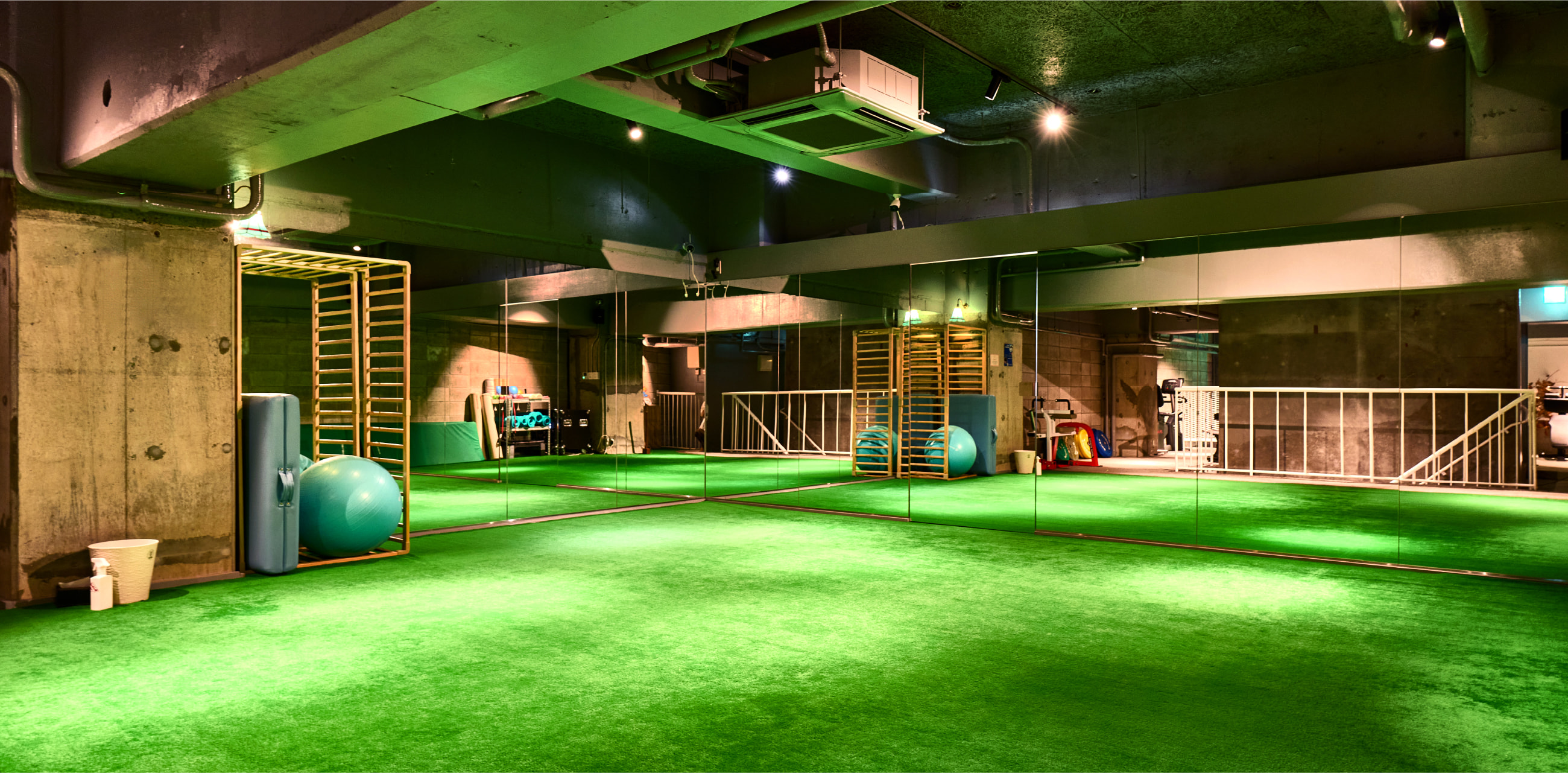 緑の人工芝が敷かれたストレッチ&フリーエリア