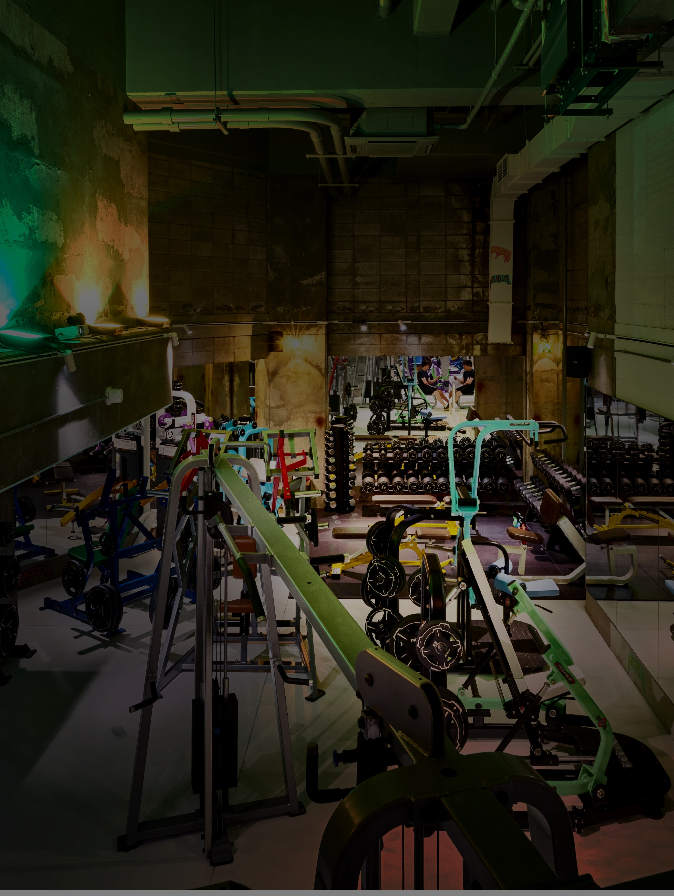 照明が映えるジム内部のトレーニングエリア